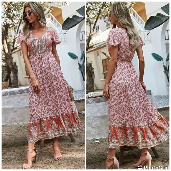 Prettygarden Boho Multicolor Printed V Neck Bohemian Maxed Dress - Picture 1 of 12